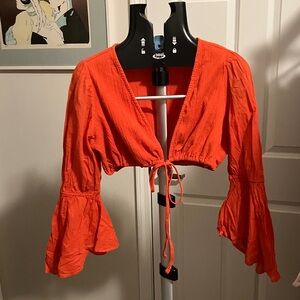 Urban Outfitters Orange Tie Front Bell Sleeve Crop Top Y2K Boho Blouse XS-SP